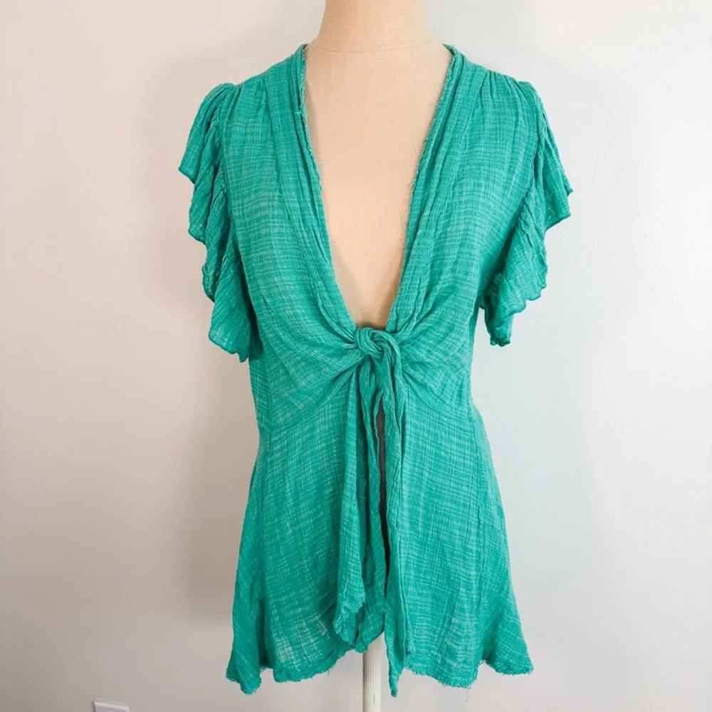 Free People One Angie Textured Gauze Front Tie Boho Top - Picture 10 of 15